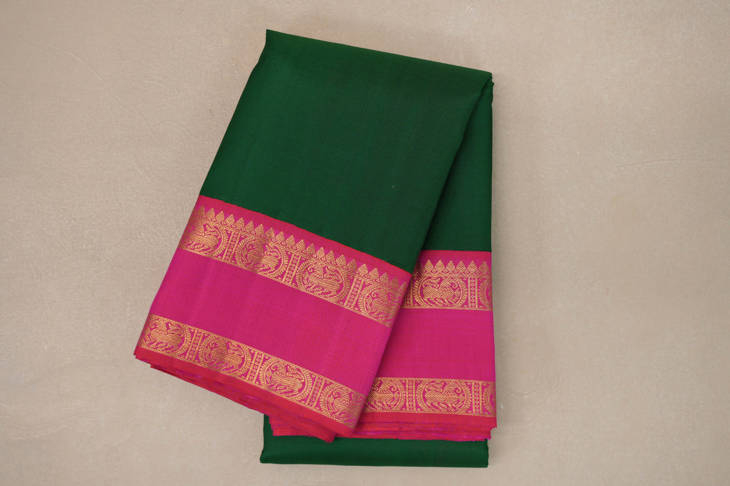 Emerald Green with Bright Pink Rettai Pettu Borders Vintage Kanjivaram Silk Saree by Shreenivas Silks PSSR019182
