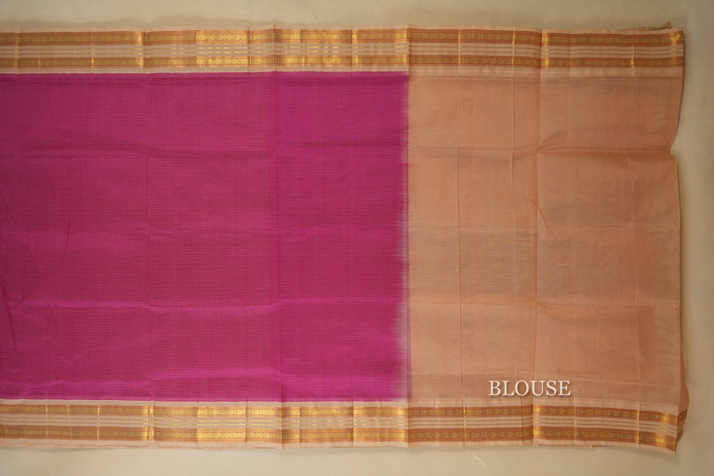 Pink with Half White Borders Silk Cotton Saree Blouse