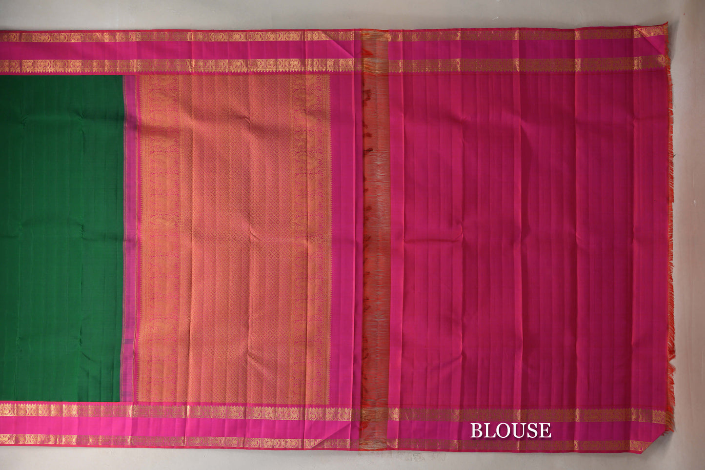 Emerald Green with Bright Pink Rettai Pettu Borders Vintage Kanjivaram Silk Saree by Shreenivas Silks PSSR019182