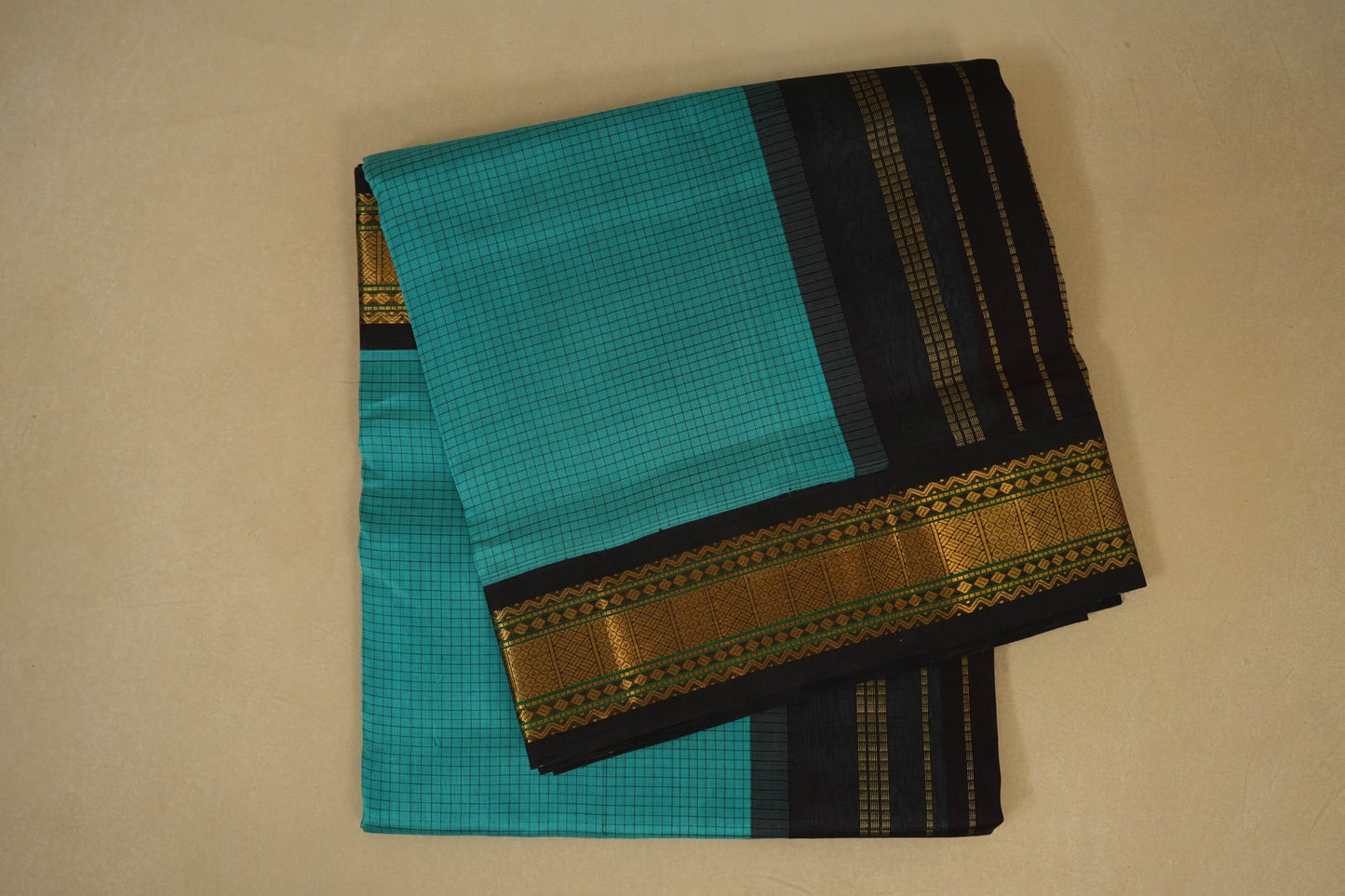 Folded Dark Rama Green with Deep Brown Borders Silk Cotton Saree