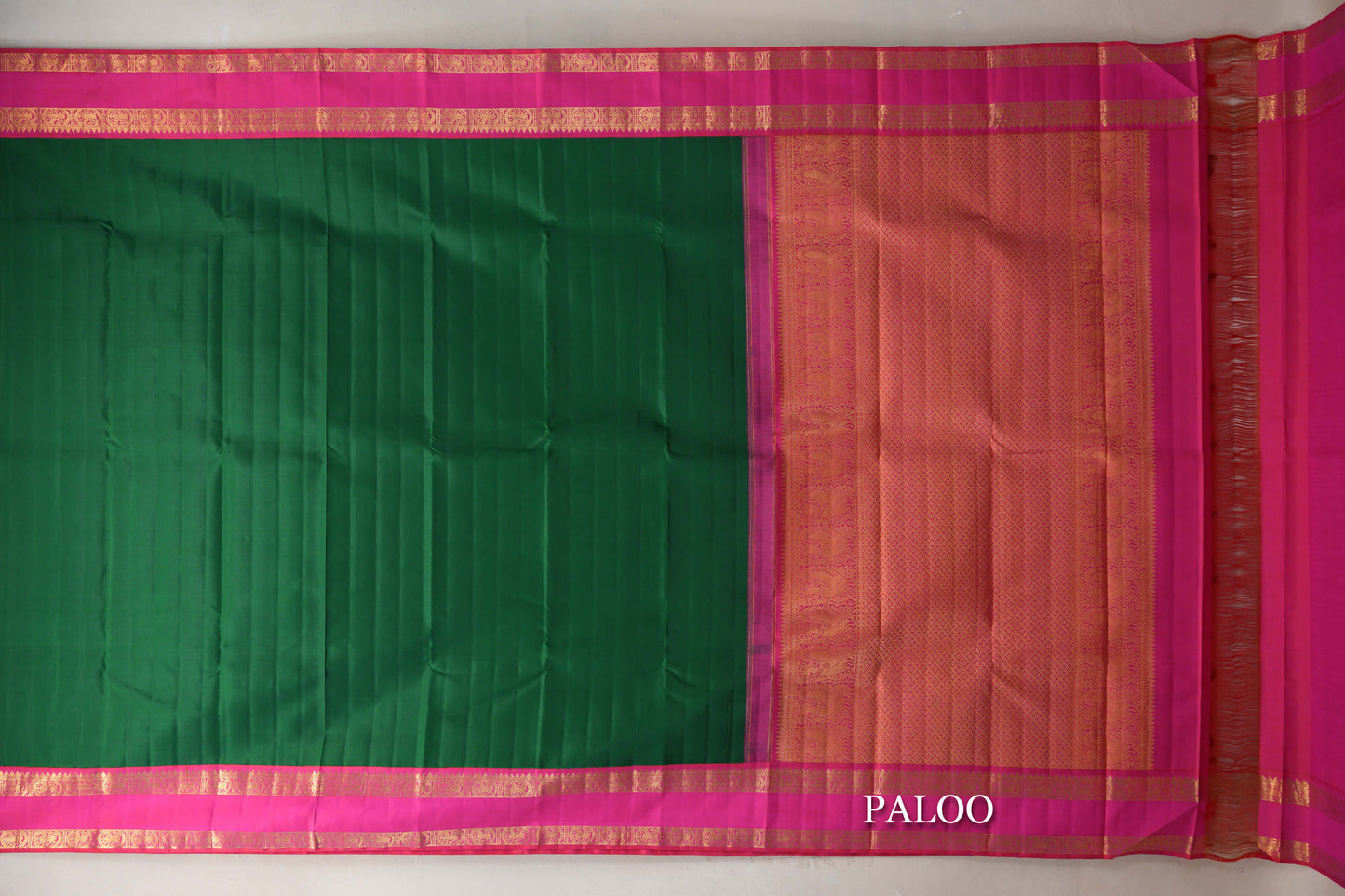 Emerald Green with Bright Pink Rettai Pettu Borders Vintage Kanjivaram Silk Saree by Shreenivas Silks PSSR019182