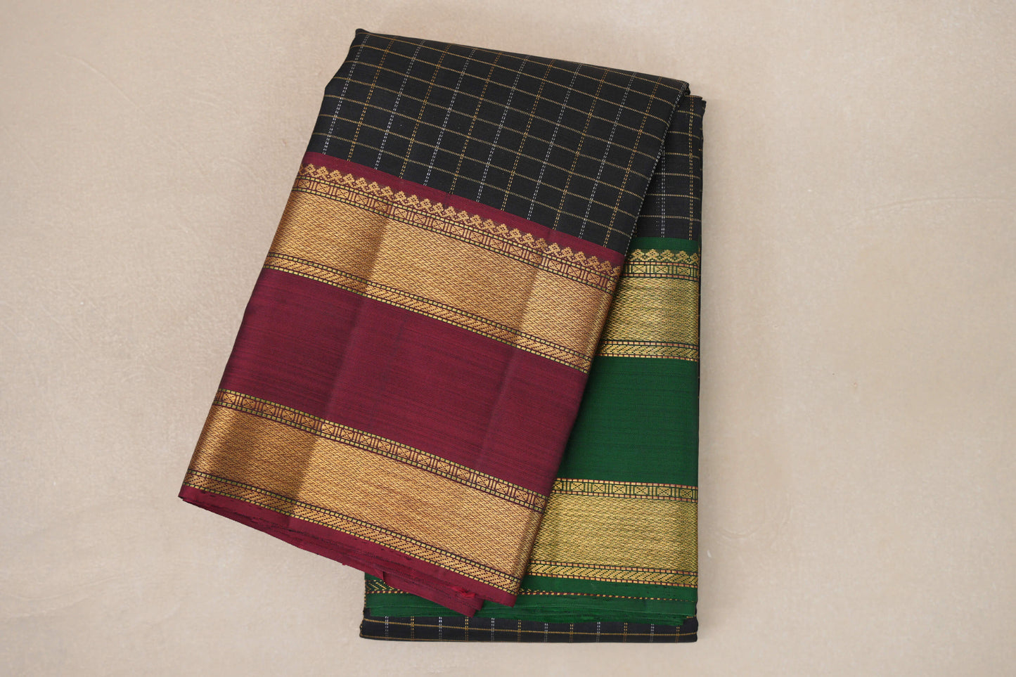 Black with Reddish Pink/Emerald Green  Borders Vintage Kanjivaram Silk Saree by Shreenivas Silks PSSR019183