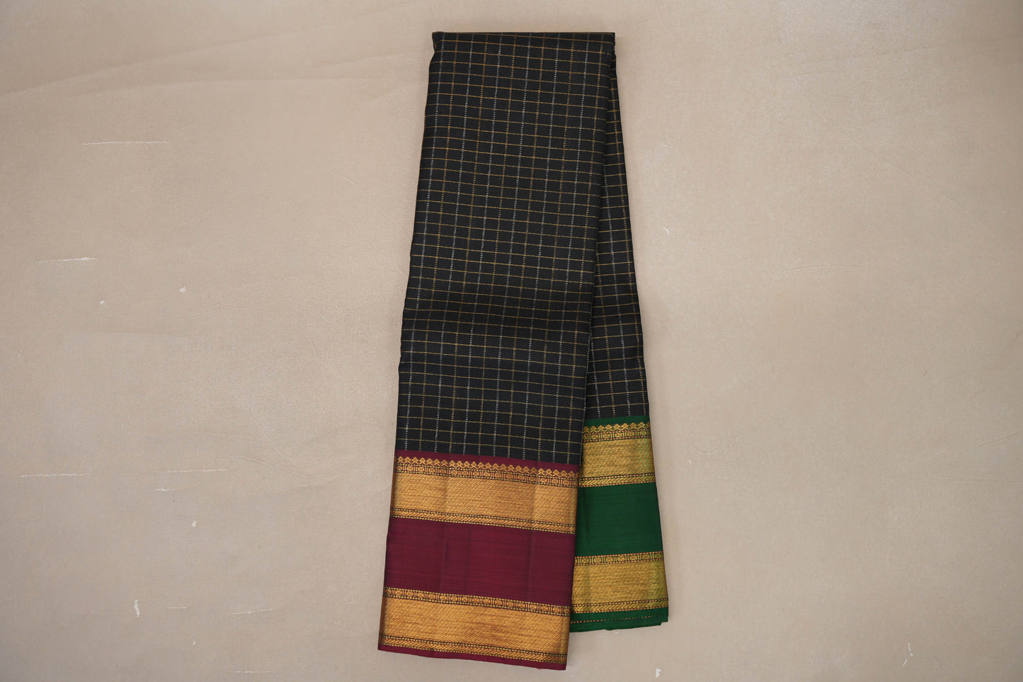 Black with Reddish Pink/Emerald Green  Borders Vintage Kanjivaram Silk Saree by Shreenivas Silks PSSR019183