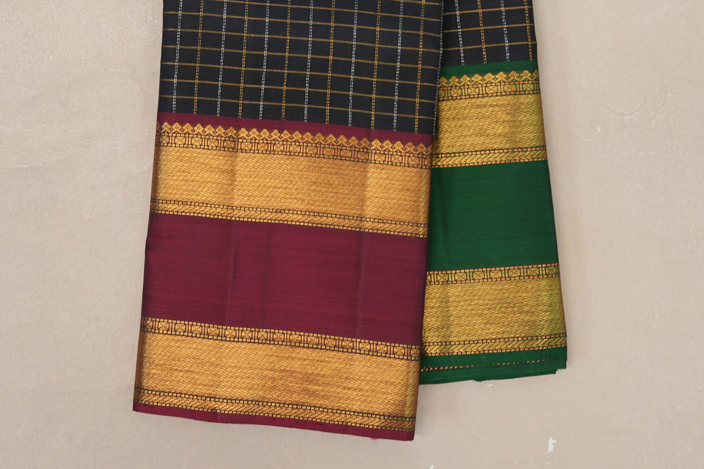 Black with Reddish Pink/Emerald Green  Borders Vintage Kanjivaram Silk Saree by Shreenivas Silks PSSR019183