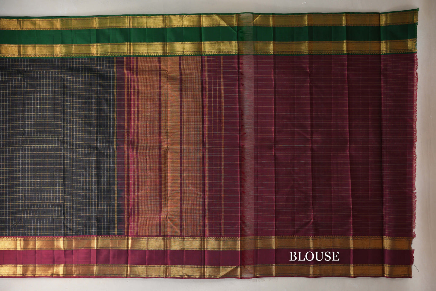 Black with Reddish Pink/Emerald Green  Borders Vintage Kanjivaram Silk Saree by Shreenivas Silks PSSR019183