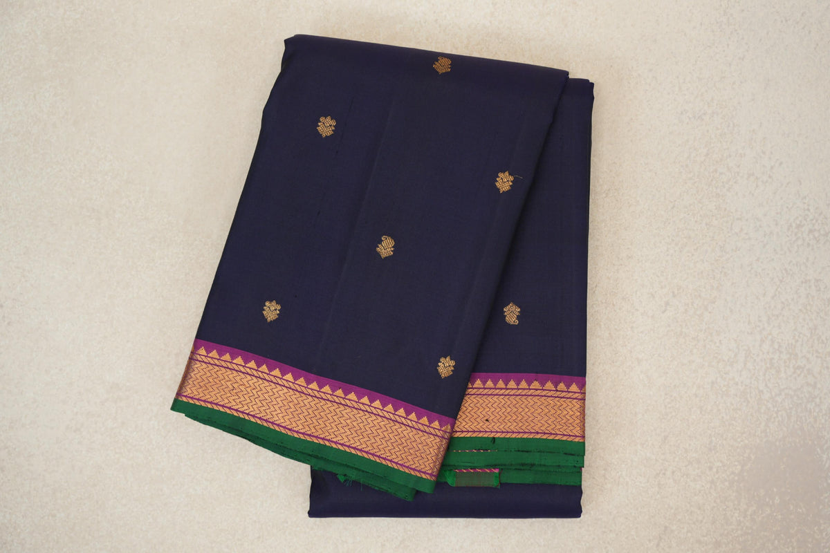 Deep Navy Blue with Deep Magenta Borders with Dark Green Selvedge Vintage Kanjivaram Silk Saree by Shreenivas Silks