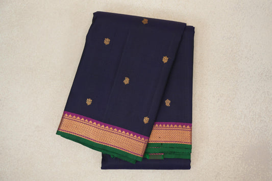 Deep Navy Blue with Deep Magenta Borders with Dark Green Selvedge Vintage Kanjivaram Silk Saree by Shreenivas Silks