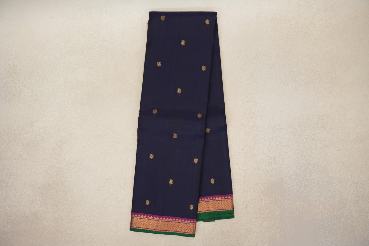 Deep Navy Blue with Deep Magenta Borders with Dark Green Selvedge Vintage Kanjivaram Silk Saree by Shreenivas Silks