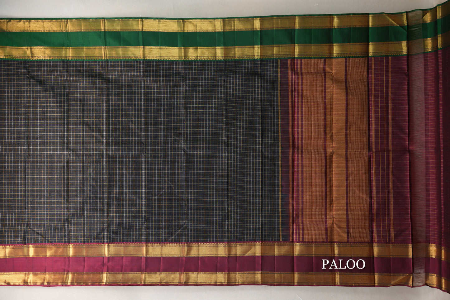 Black with Reddish Pink/Emerald Green  Borders Vintage Kanjivaram Silk Saree by Shreenivas Silks PSSR019183