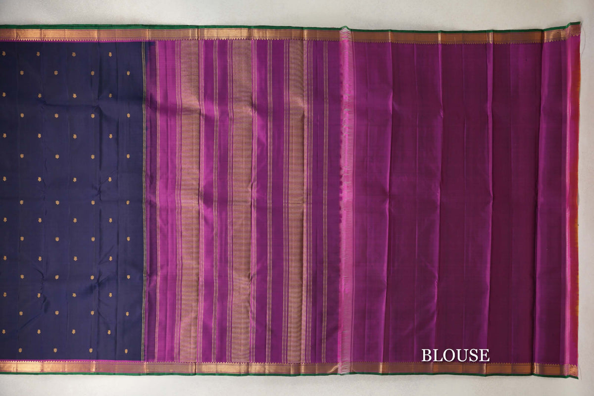 Deep Navy Blue with Deep Magenta Borders with Dark Green Selvedge Vintage Kanjivaram Silk Saree by Shreenivas Silks blouse