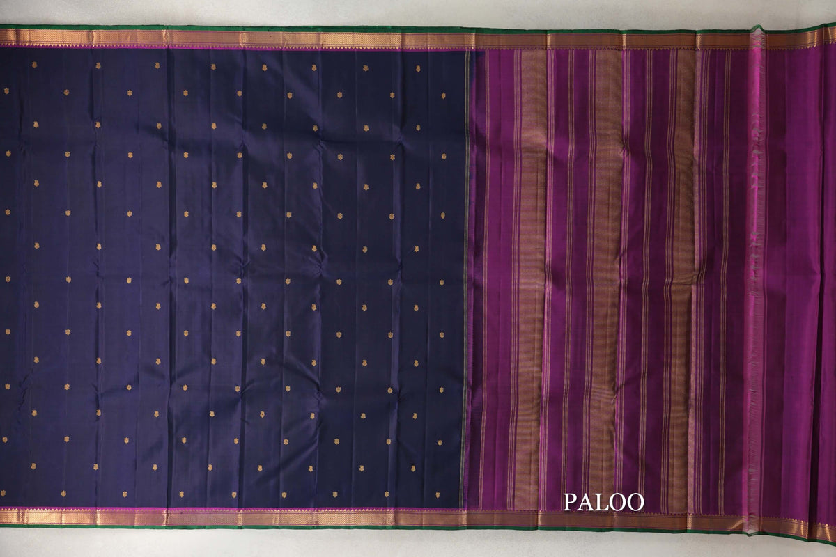 Deep Navy Blue with Deep Magenta Borders with Dark Green Selvedge Vintage Kanjivaram Silk Saree by Shreenivas Silks paloo