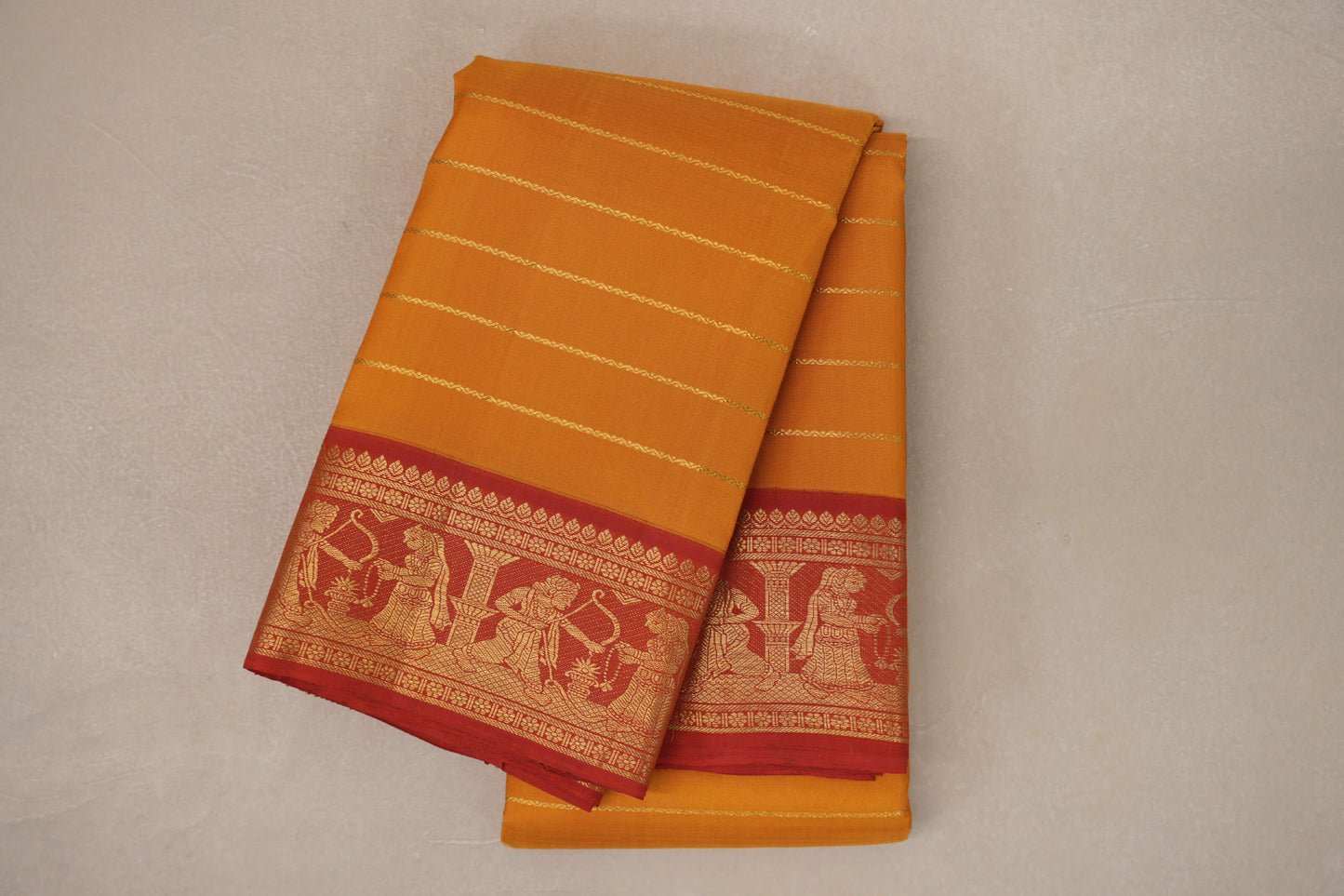 Mango Yellow with Reddish Orange Borders Vintage Kanjivaram Silk Saree by Shreenivas Silks PSSR019186