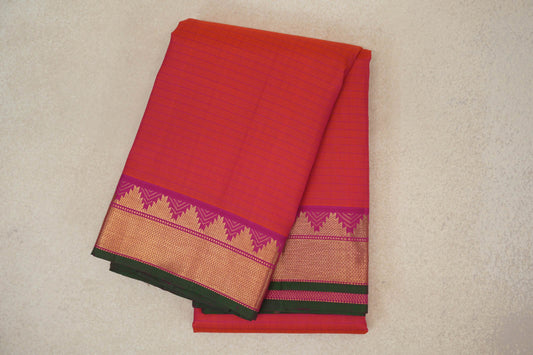 Orangish Pink with Bright Magenta Borders with Dark Green Selvedge Vintage Kanjivaram Silk Saree by Shreenivas Silks