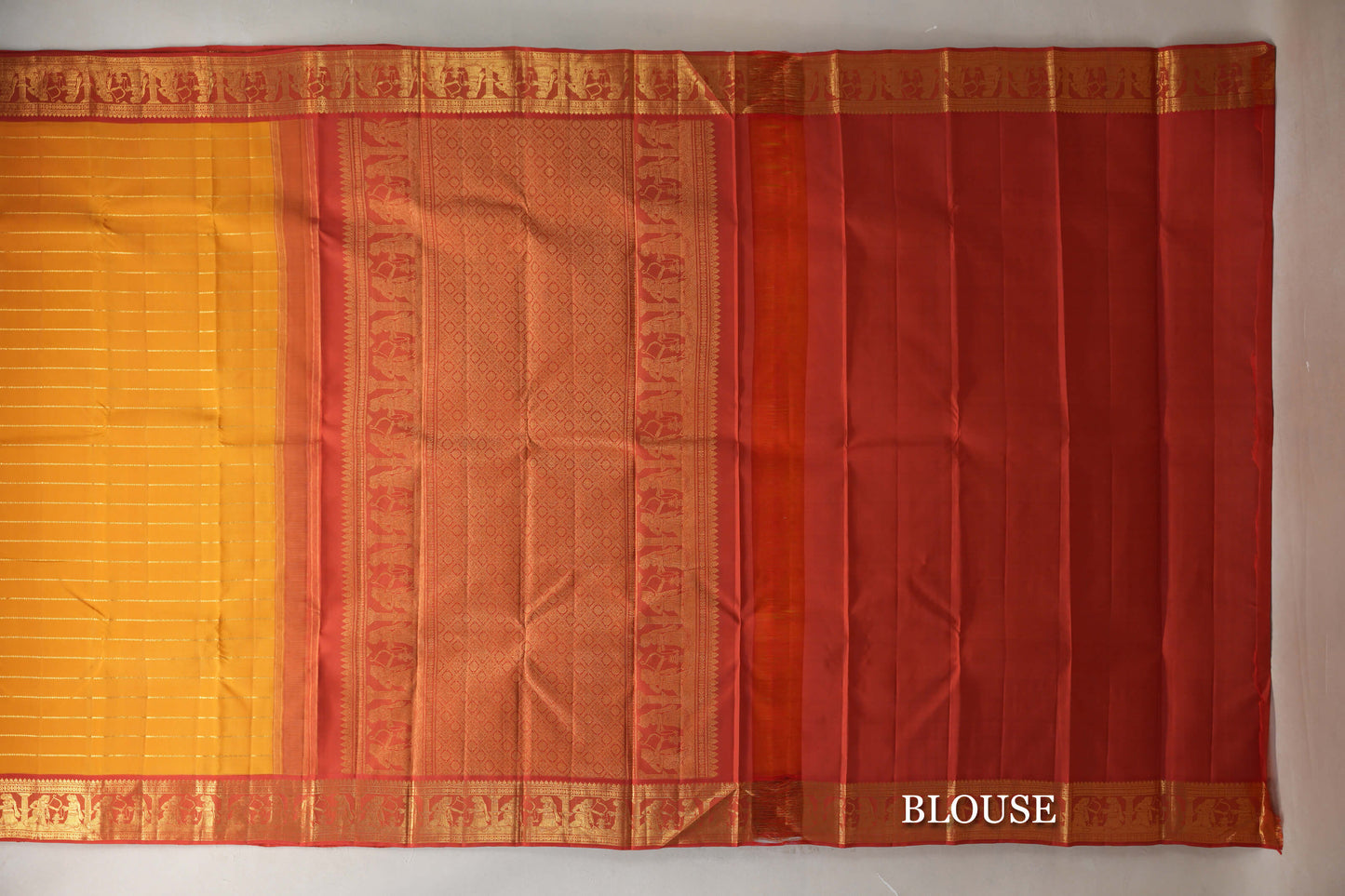 Mango Yellow with Reddish Orange Borders Vintage Kanjivaram Silk Saree by Shreenivas Silks PSSR019186