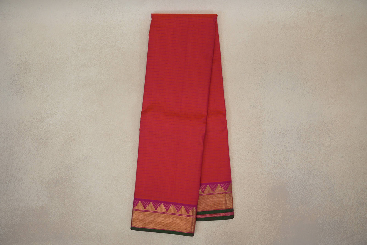 Orangish Pink with Bright Magenta Borders with Dark Green Selvedge Vintage Kanjivaram Silk Saree by Shreenivas Silks