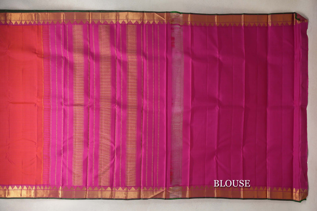 Orangish Pink with Bright Magenta Borders with Dark Green Selvedge Vintage Kanjivaram Silk Saree by Shreenivas Silks blouse