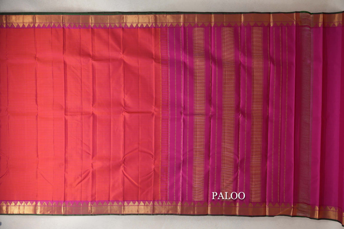 Orangish Pink with Bright Magenta Borders with Dark Green Selvedge Vintage Kanjivaram Silk Saree by Shreenivas Silks paloo