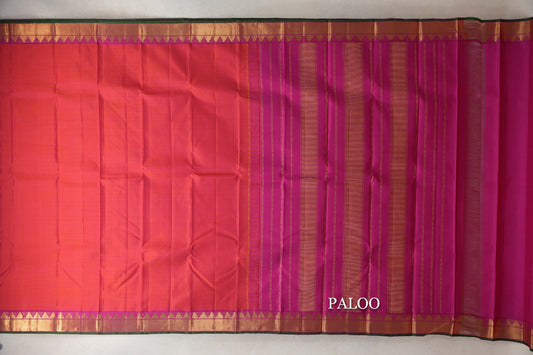 Orangish Pink with Bright Magenta Borders with Dark Green Selvedge Vintage Kanjivaram Silk Saree by Shreenivas Silks paloo