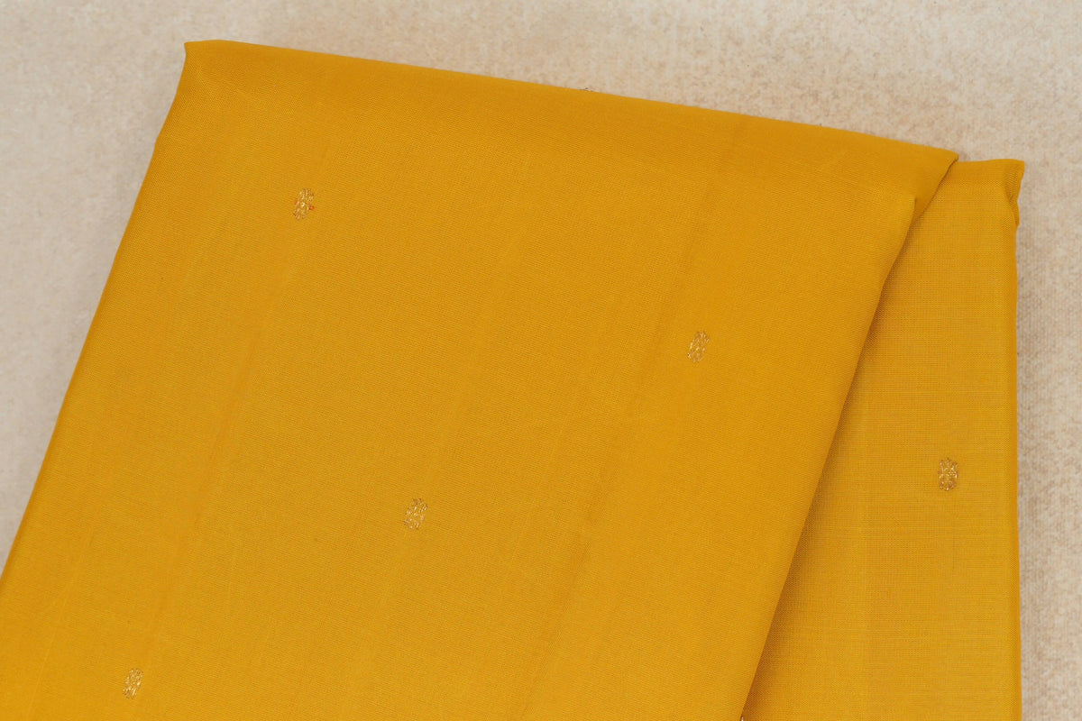 Turmeric Yellow with Bright Orange Borders with Leaf Green Selvedge Vintage Kanjivaram Silk Saree by Shreenivas Silks PSSR0110299