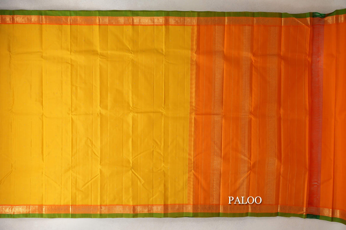 Turmeric Yellow with Bright Orange Borders with Leaf Green Selvedge Vintage Kanjivaram Silk Saree by Shreenivas Silks paloo