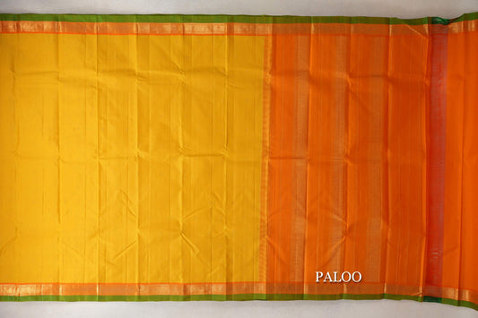 Turmeric Yellow with Bright Orange Borders with Leaf Green Selvedge Vintage Kanjivaram Silk Saree by Shreenivas Silks paloo