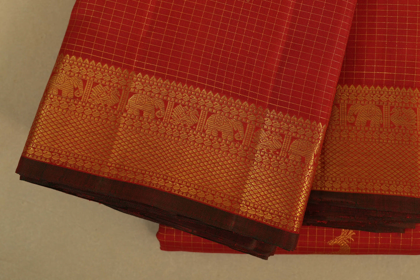 Chilli Red Zari Checks Kanjivaram Silk Saree borders