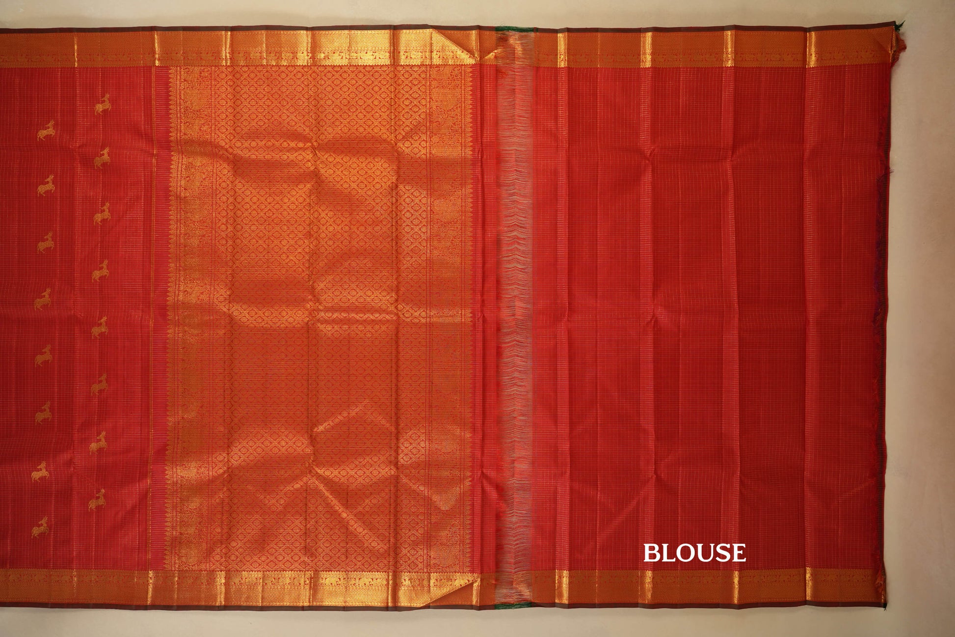 Chilli Red Zari Checks Kanjivaram Silk Saree blouse