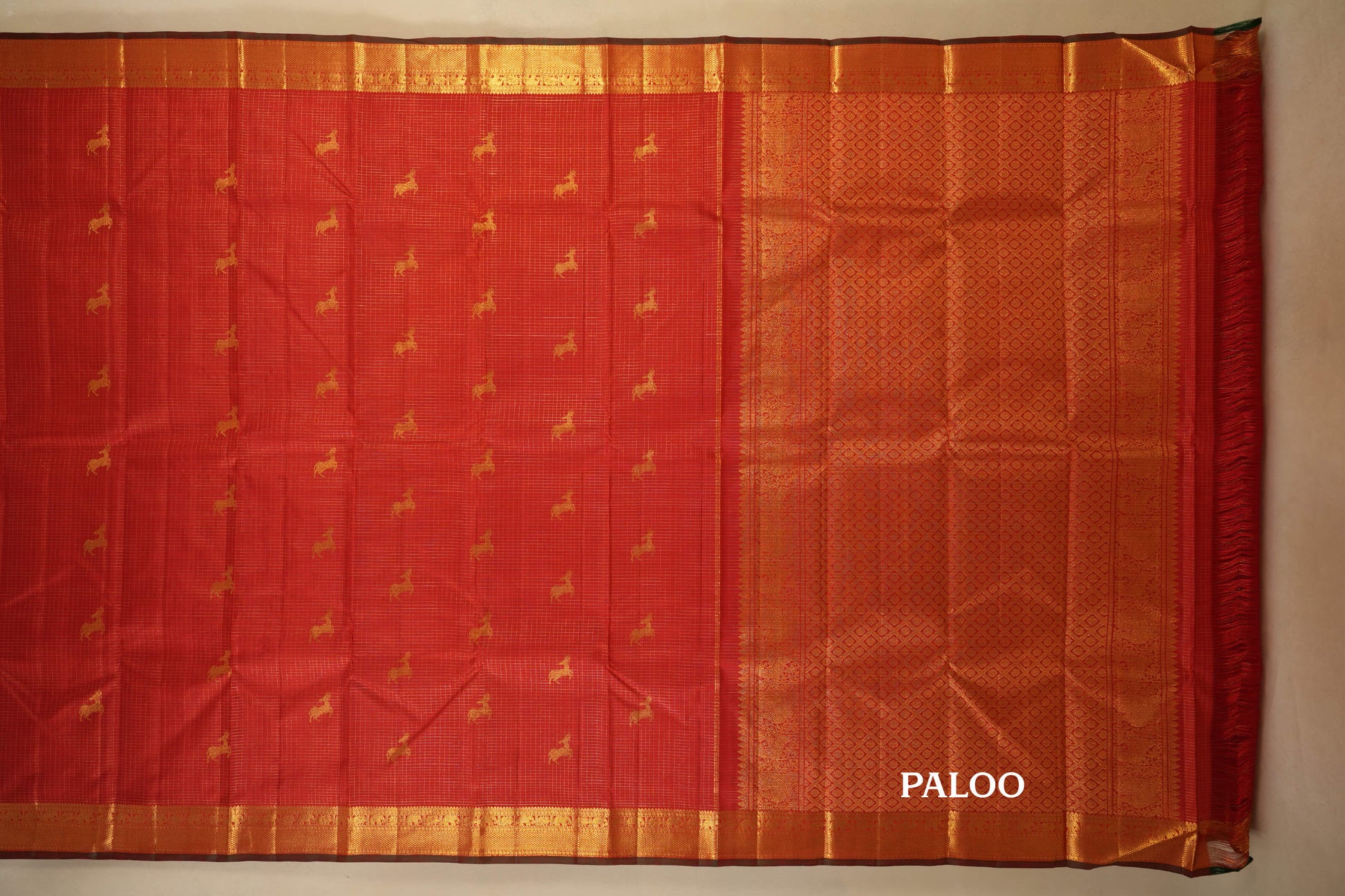 Chilli Red Zari Checks Kanjivaram Silk Saree paloo