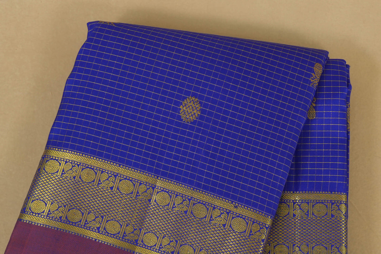 Ink Blue Zari Checks with Light Brown Borders Kanjivaram Silk Saree body