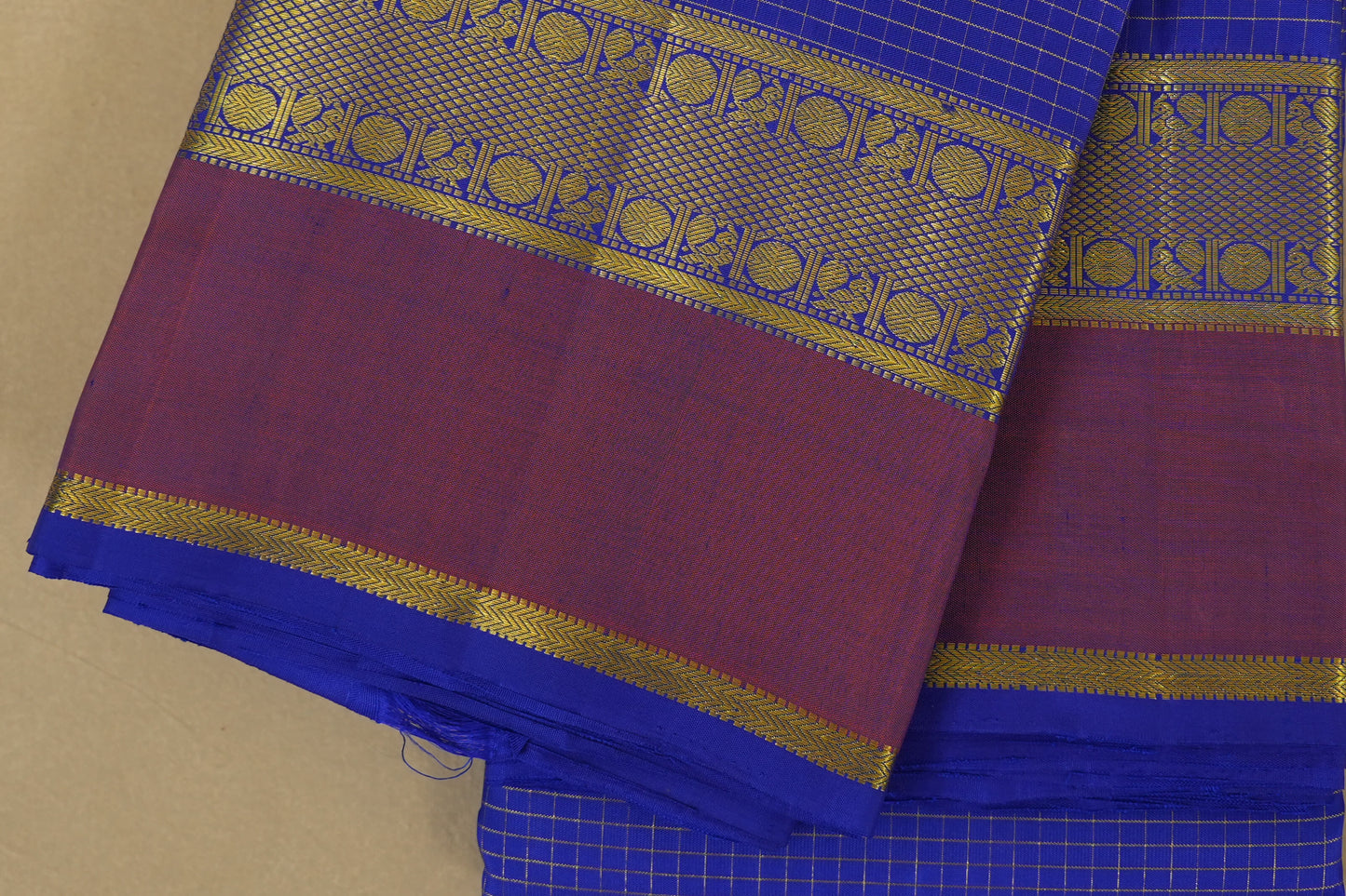 Ink Blue Zari Checks with Light Brown Borders Kanjivaram Silk Saree borders