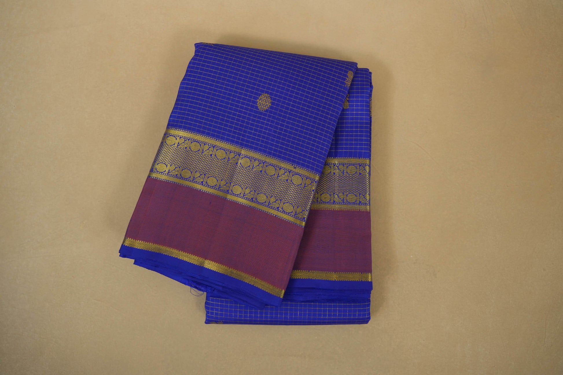 Ink Blue Zari Checks with Light Brown Borders Kanjivaram Silk Saree