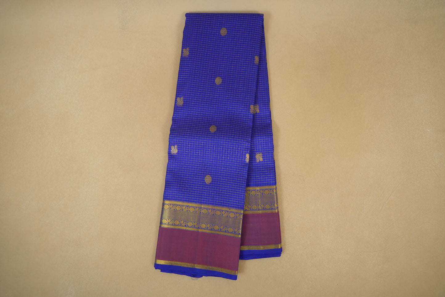 Online Ink Blue Zari Checks with Light Brown Borders Kanjivaram Silk Saree