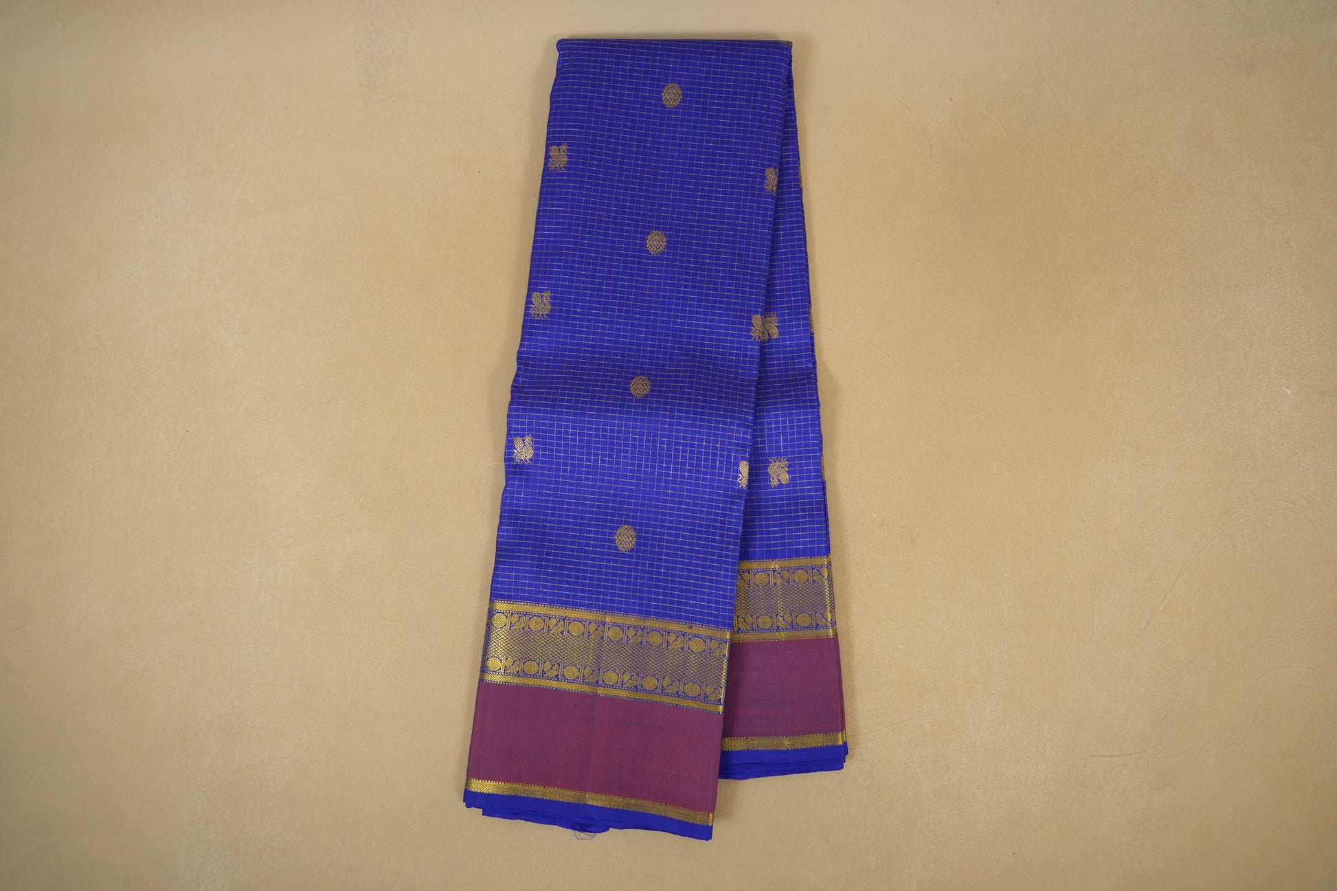 Online Ink Blue Zari Checks with Light Brown Borders Kanjivaram Silk Saree