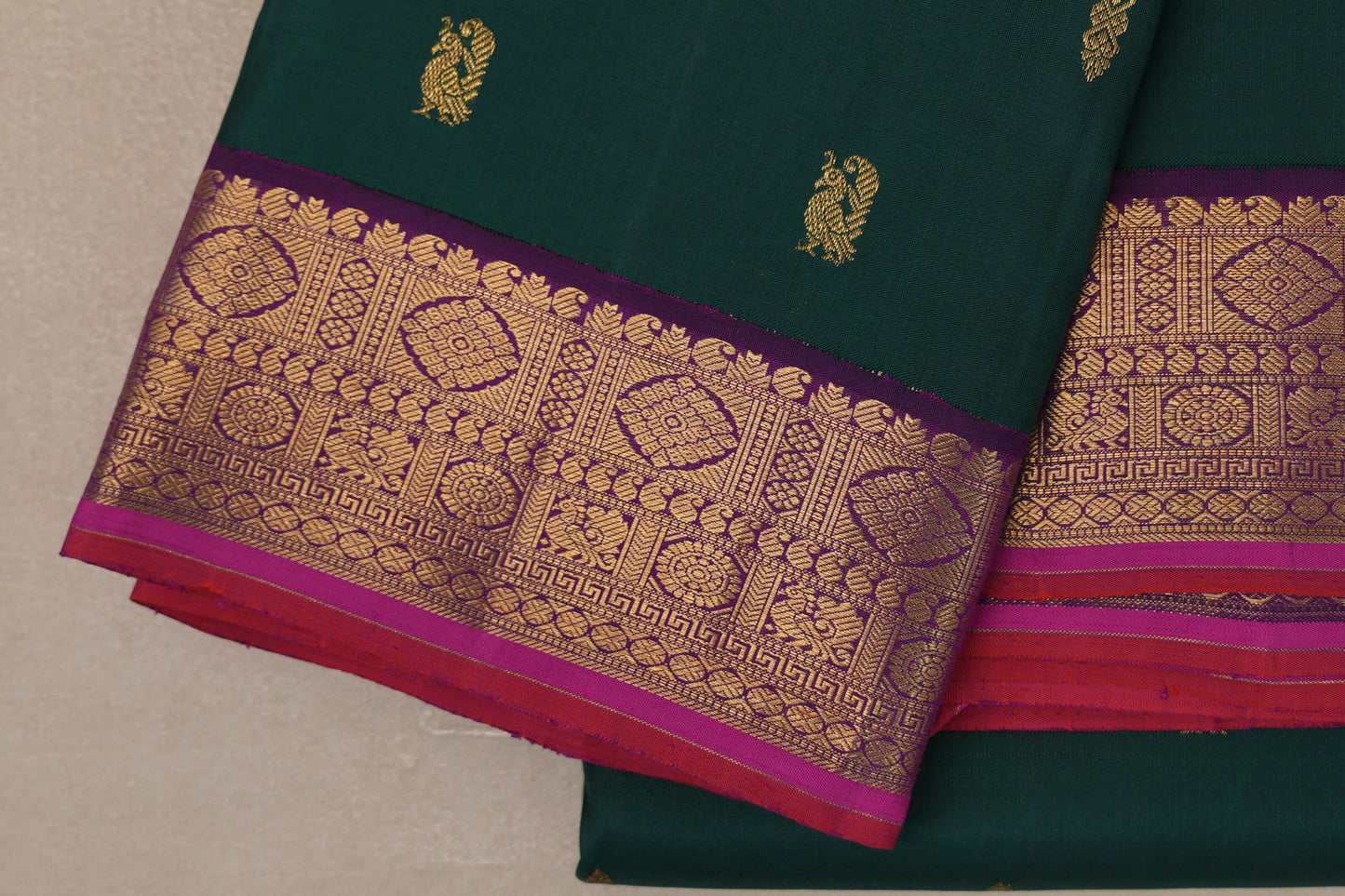 Deep Green with Deep Violet Borders Vintage Kanjivaram Silk Saree by Shreenivas Silks PSSR019190