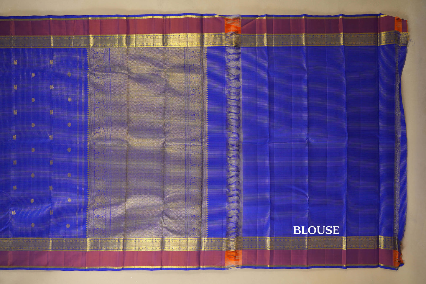 Ink Blue Zari Checks with Light Brown Borders Kanjivaram Silk Saree blouse