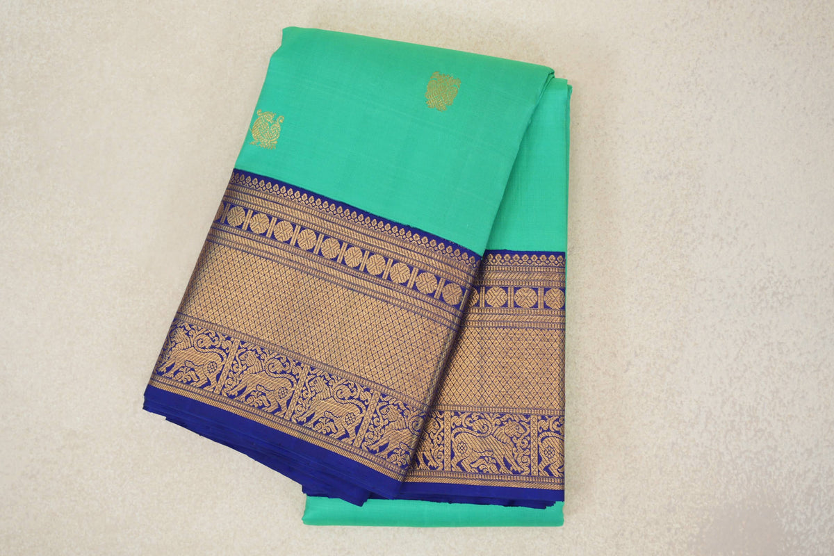 Aqua Green with Deep Royal Blue Borders Vintage Kanjivaram Silk Saree
