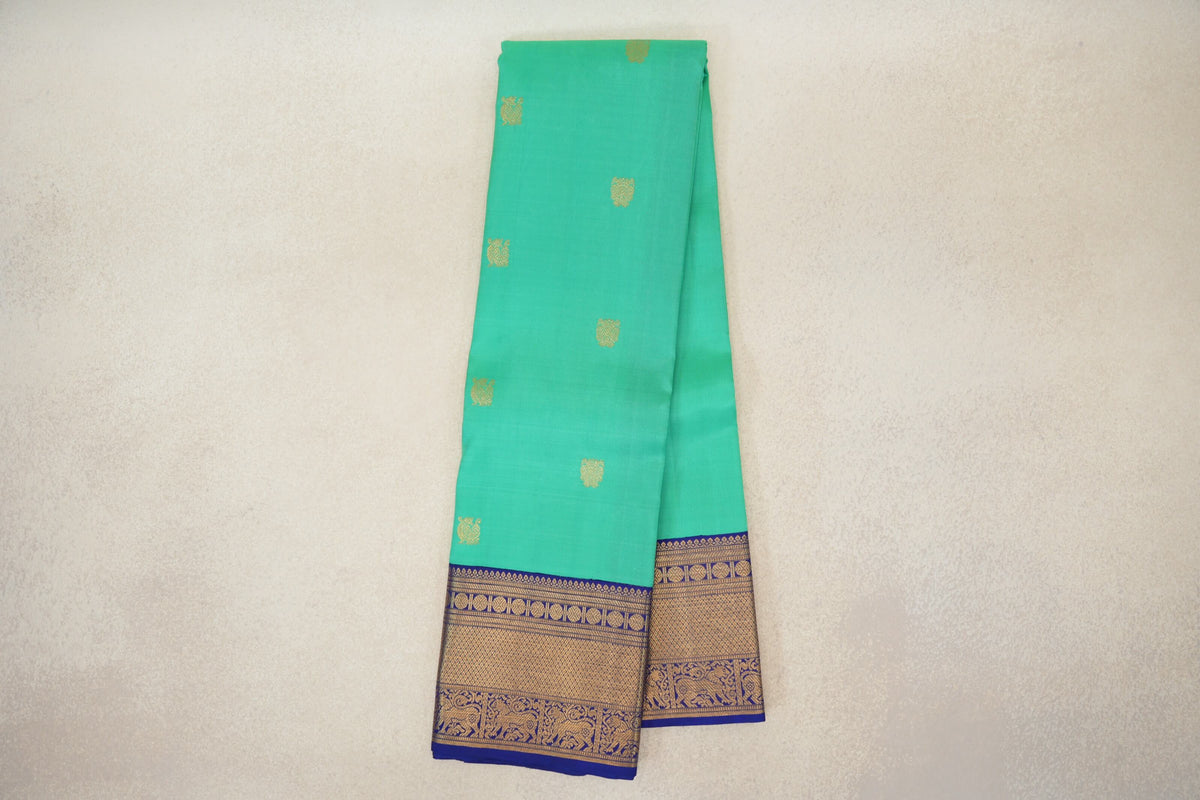 Online Aqua Green with Deep Royal Blue Borders Vintage Kanjivaram Silk Saree