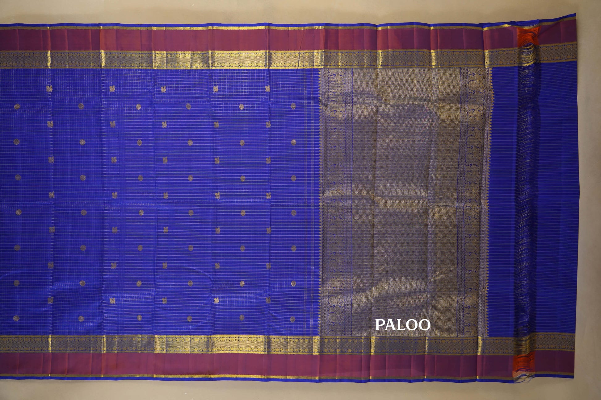 Ink Blue Zari Checks with Light Brown Borders Kanjivaram Silk Saree paloo