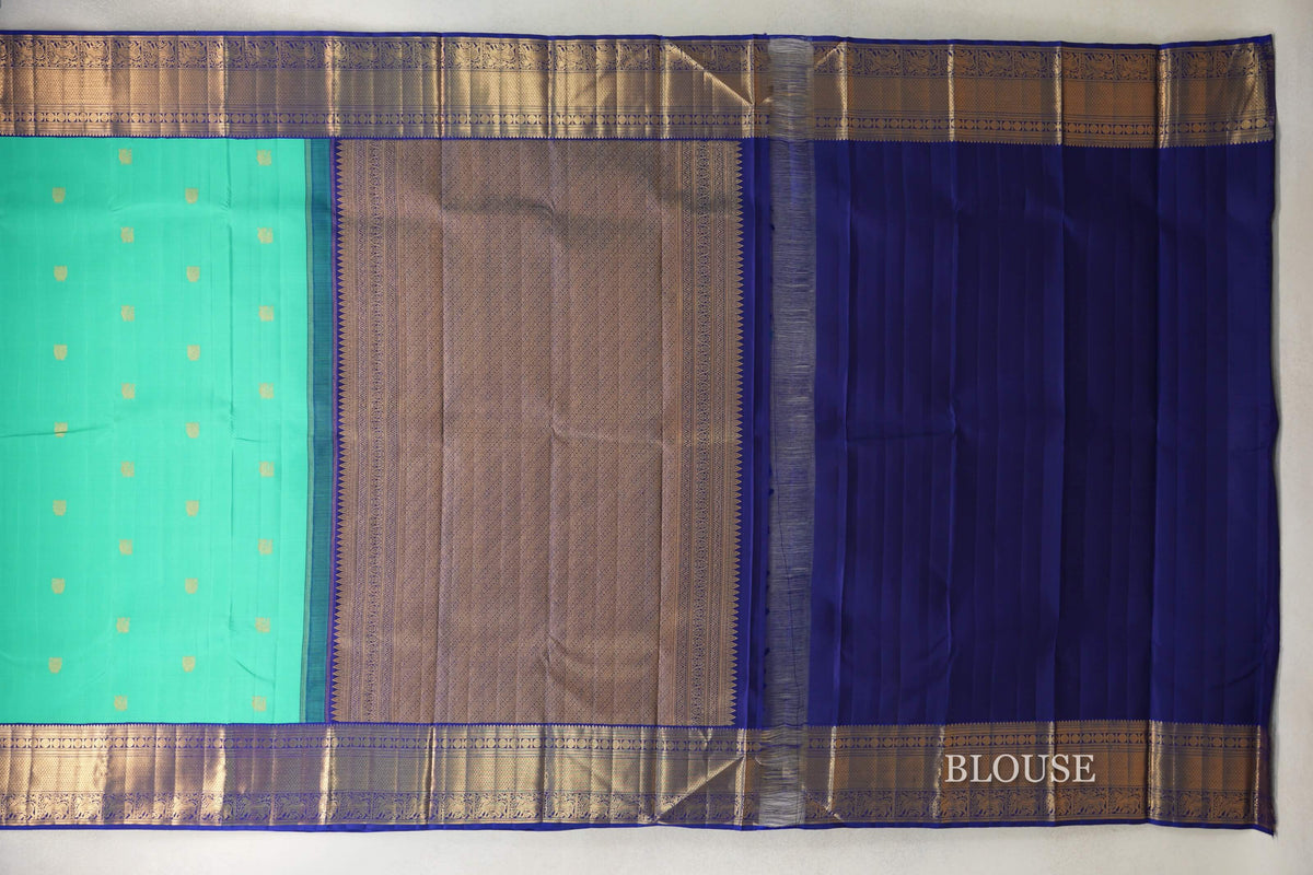 Aqua Green with Deep Royal Blue Borders Vintage Kanjivaram Silk Saree blouse