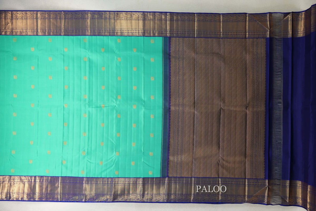 Aqua Green with Deep Royal Blue Borders Vintage Kanjivaram Silk Saree paloo