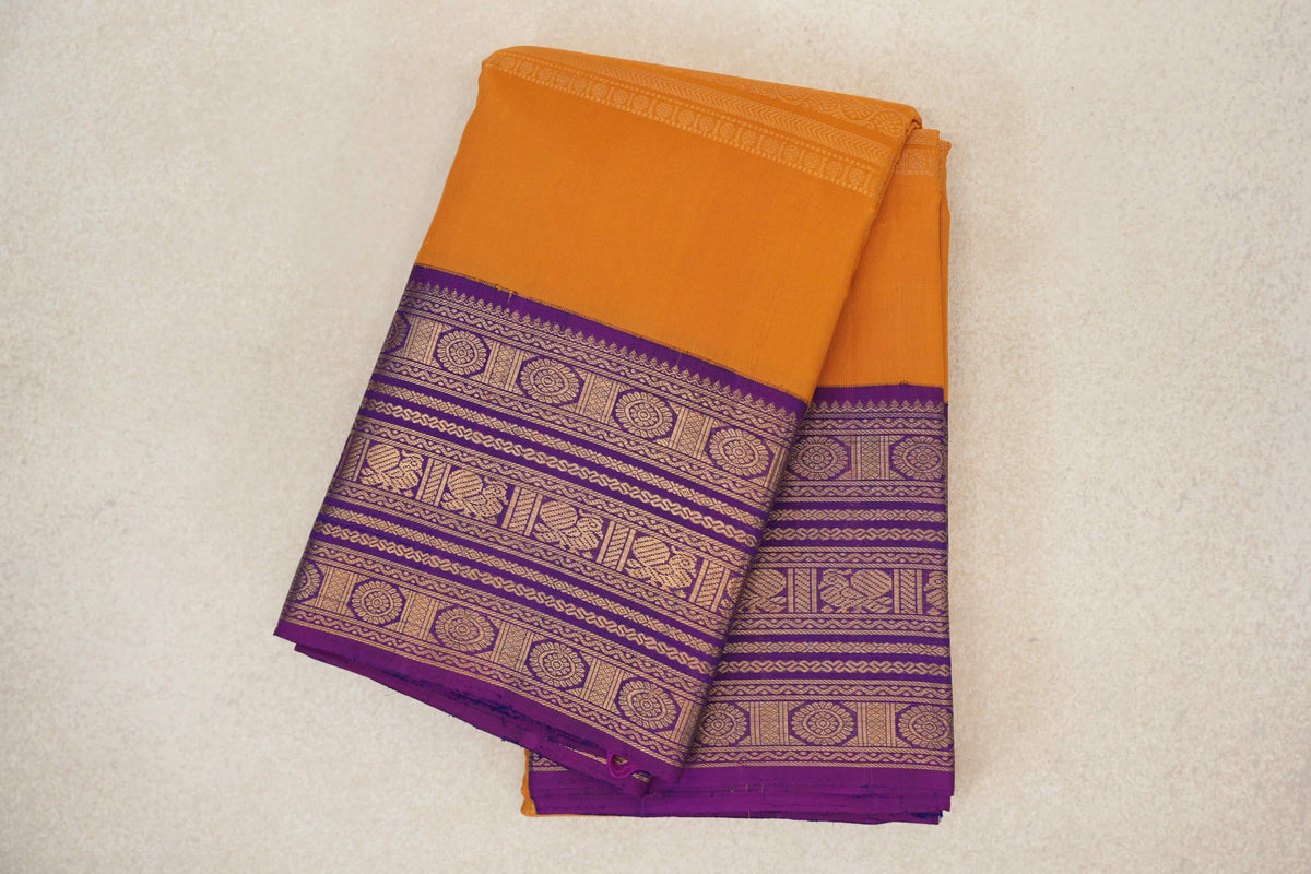 Mustard Orange with Deep Purple Borders Vintage Kanjivaram Silk Saree