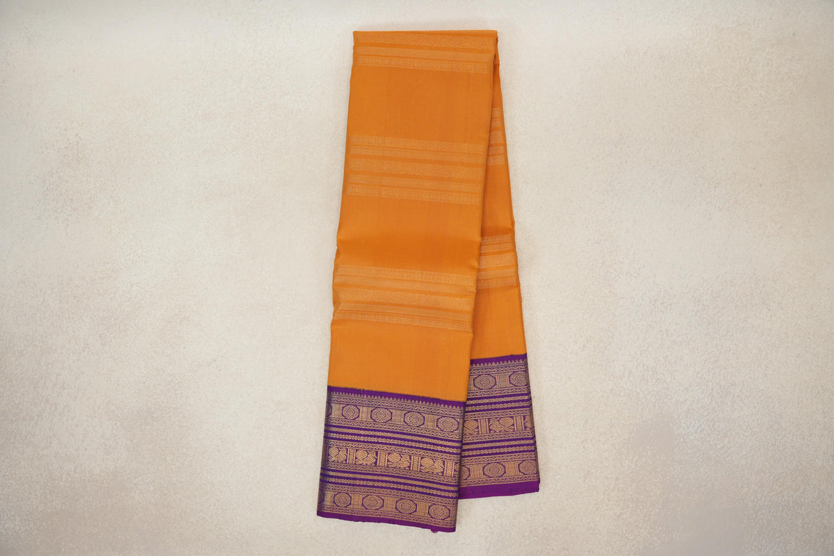 Online Mustard Orange with Deep Purple Borders Vintage Kanjivaram Silk Saree