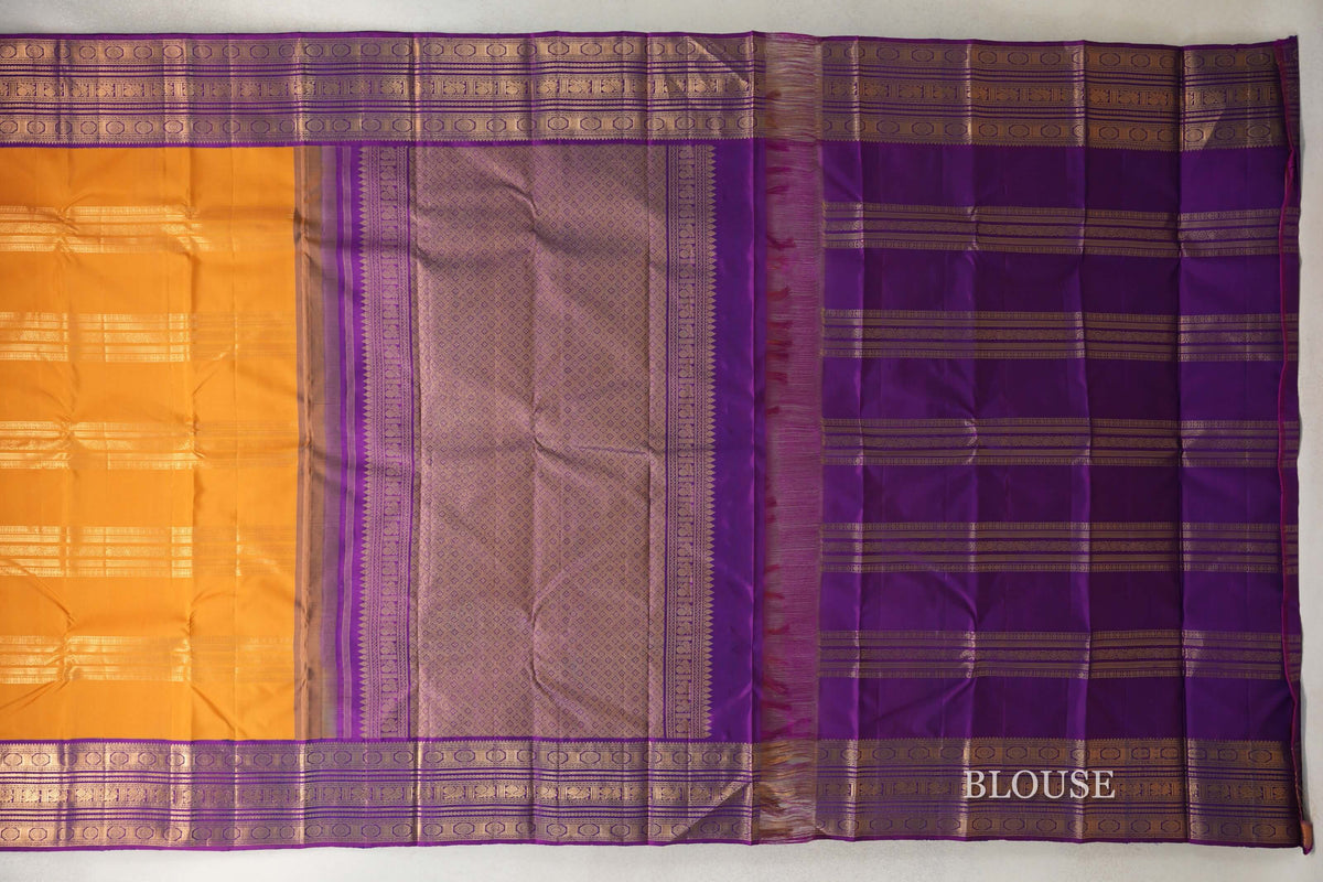 Mustard Orange with Deep Purple Borders Vintage Kanjivaram Silk Saree blouse