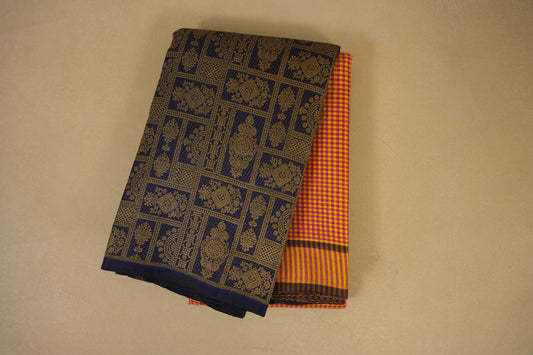 Multi Color Checks with Navy Blue Borders Kanjivaram Silk Saree