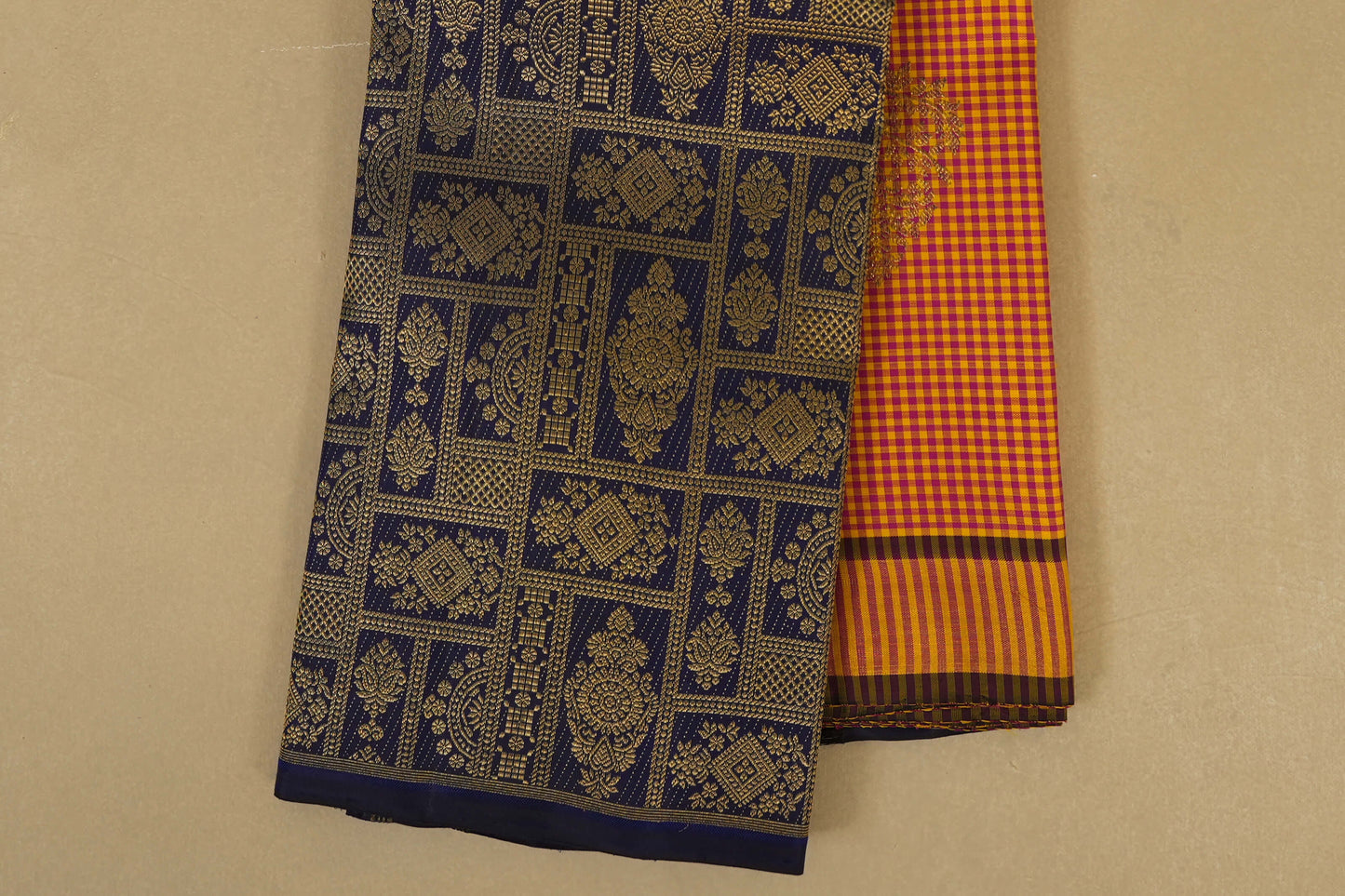 Multi Color Checks with Navy Blue Borders Kanjivaram Silk Saree borders
