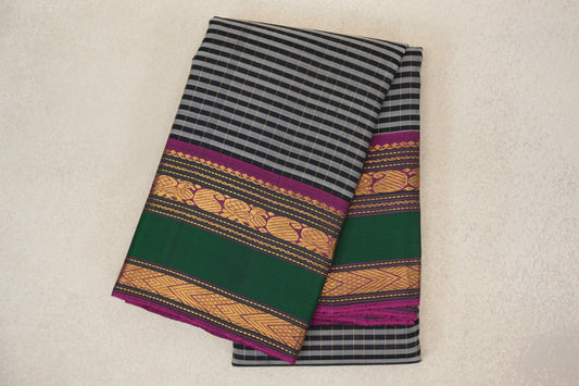 Black with Silver Grey with Deep Magenta with Green Borders Vintage Kanjivaram Silk Saree