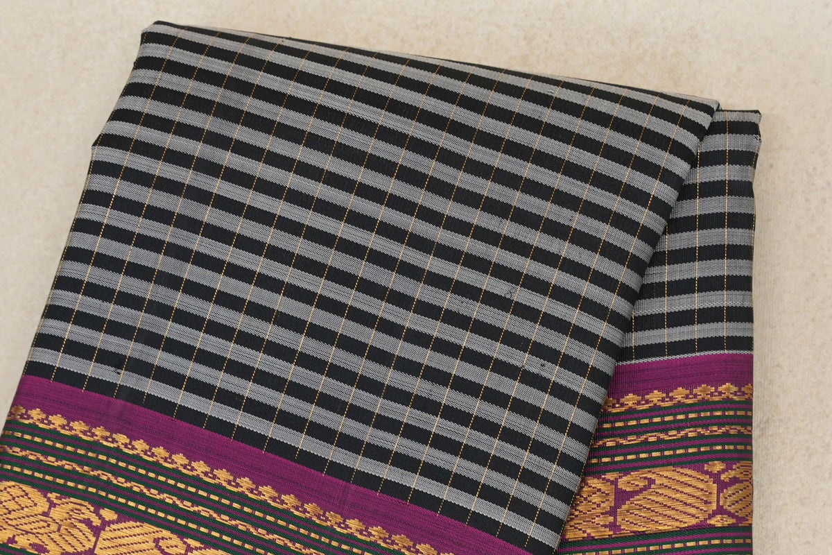 Black with Silver Grey with Deep Magenta with Green Borders Vintage Kanjivaram Silk Saree body