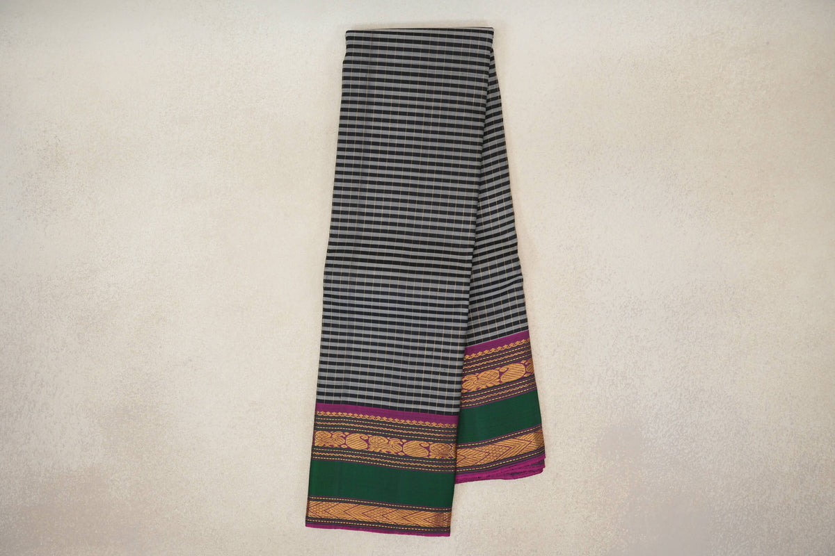 Online Black with Silver Grey with Deep Magenta with Green Borders Vintage Kanjivaram Silk Saree