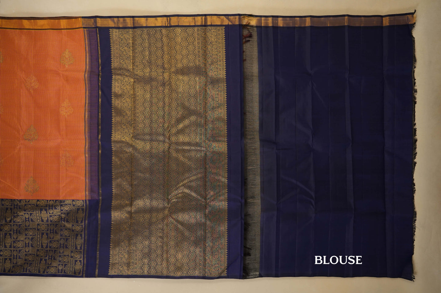 Multi Color Checks with Navy Blue Borders Kanjivaram Silk Saree blouse