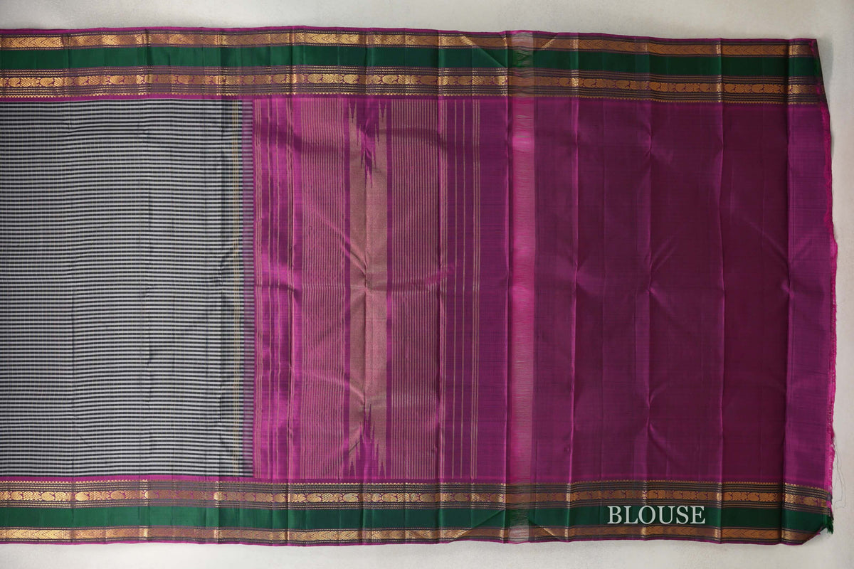 Black with Silver Grey with Deep Magenta with Green Borders Vintage Kanjivaram Silk Saree blouse